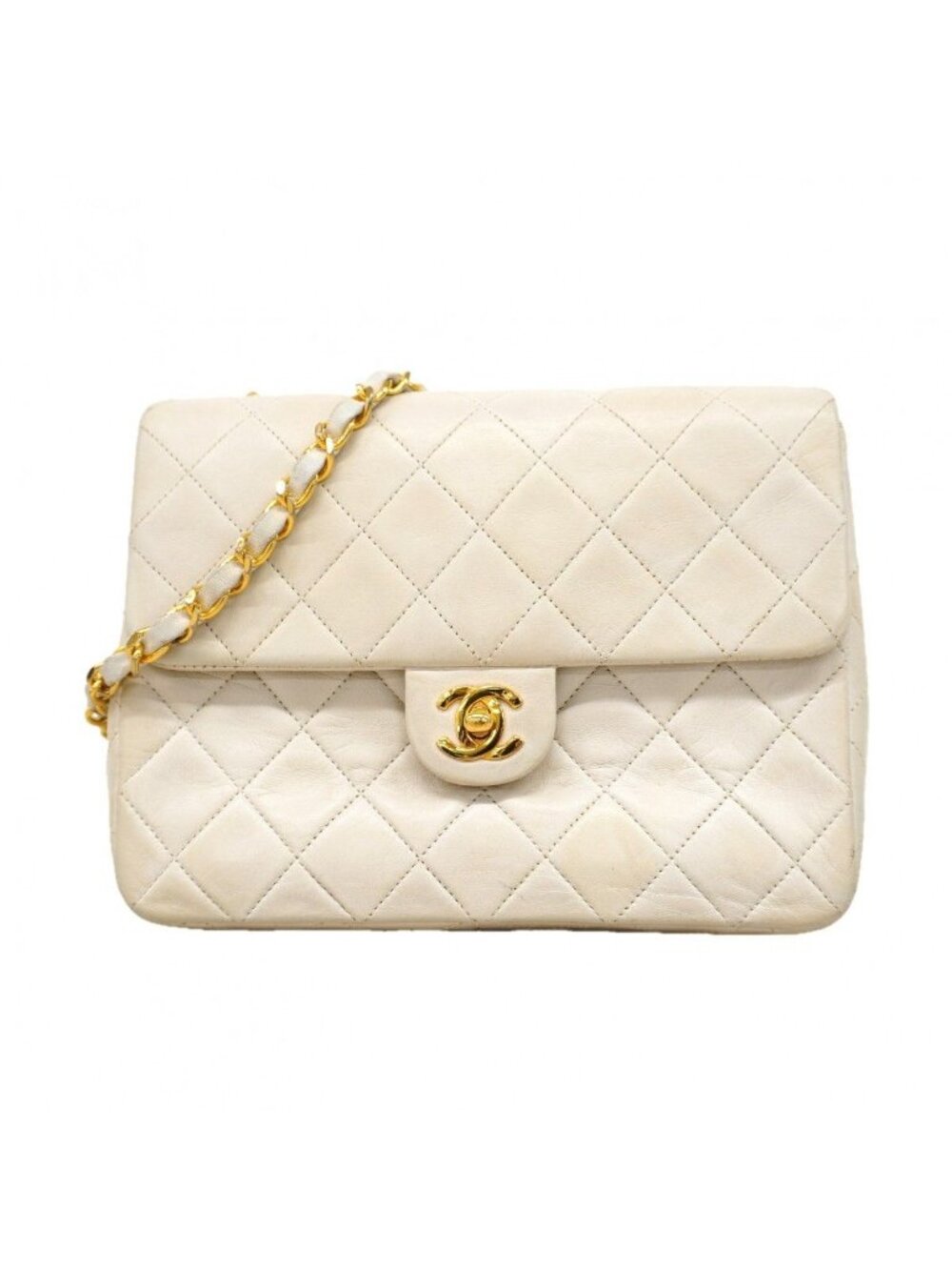 Chanel Shoulder Bag Quilted Lambskin White Gold